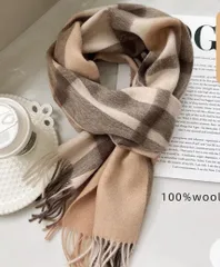 100%ウール チェック柄マフラー ベージュ/ブラウン