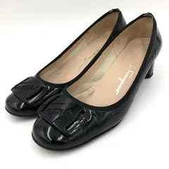 サルヴァトーレフェラガモ パンプス 7.5 25cm 黒 エナメル チャンキーヒール