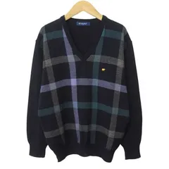 ゴールデンベア GOLDEN BEAR ニット セーター Vネック 長袖 チェック ウール アクリル M ネイビー