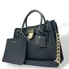 美品 マイケルコース MICHAEL KORS ハミルトン Hamilton トートバッグ ハンドバッグ チェーンショルダー パンチング 黒 ブラック ゴールド金具 パドロック ポーチ付 自立可 肩掛け ワンショルダー サッチェル レディース s93