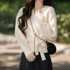 リボン クロップド アシンメトリー アイボリー ニット カーディガン 新品