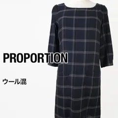 プロポーション チェック柄ワンピース ネイビー サイズ3 L 七分袖 ウール混 オフィスカジュアル きれいめ