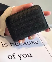 黒 編み込みデザイン 牛革カードケース