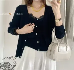 ネイビー レース トップス カーディガン セット