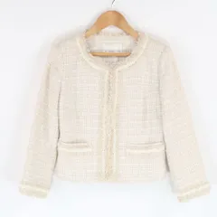 美品 M-PREMIER エムプルミエ ジャケット 34 コットン 他 ノーカラー ツイード フリンジ レディース AT486A60 