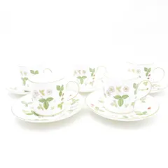 美品 WEDGWOOD ウェッジウッド ワイルドストロベリー コーヒーカップ＆ソーサー 5客 セット キャン 珈琲 英国 花柄 金彩 SU9281U2