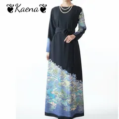 ❦Kaena❦　着物リメイク　ロング　ワンピース　作家物　友禅　マキシ　黒留袖　ドレス　Aライン　ベルト紐　後ろボタン　落款　暈染　飛鶴松文　鶴　松　竹　流水　結婚式　パーティー　卒業式　入学式　ステージ衣装　オケージョン　ブラック　フォーマル　黒　お呼ばれ