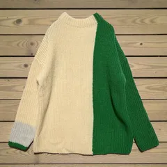 archive サンプル品 バイカラー ハイネック ニット レディース L相当 グリーン×アイボリー オーバーサイズ ドロップショルダー デザインニット 配色切替 セーター ゆったり トップス 個性的 希少 一点物級