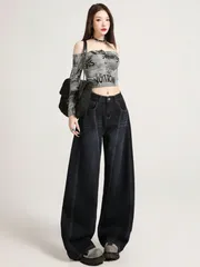 ワイドデニムパンツ ジーンズ レディース ゆったり ルーズ カジュアル ロング 春 夏 秋 オールシーズン