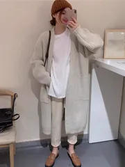 ロングカーディガン レディース 秋 冬 ニット カーディガン ロング丈 アウター 体型カバー ノーカラー ポケット付き カーデ セーター シン