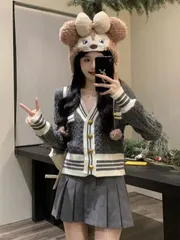 レディース 風 2025 春秋冬 新品 リブ編み × カラーブロック ニットカーディガン V ネック × スリムフィット エレガント雰囲気