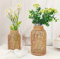 花瓶 花器 おしゃれ ボヘミアンガラス花瓶 籐カバー付き 農家の花つぼみ花瓶 ラウンド装飾花瓶 花容器 フラワーボトル フラワーアレンジメント 新築祝い パーティー ホームデコレーション用 おしゃれ デスク ダイニングテーブル装飾