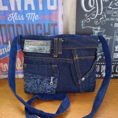 10★USEDダークデニムリメイク★サコッシュ★ショルダーバッグ★ポシェット★ミニバック★
