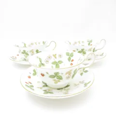 美品 WEDGWOOD ウェッジウッド ワイルドストロベリー ティーカップ＆ソーサー 3客 セット ピオニー 旧刻印 黒壺 SC8786U2 