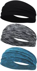 ヘッドバンド 汗止め ヘアバンド 3本セット スポーツターバン スポーツ用 薄型 メンズ 伸縮性 通気性あり 軽柔速乾 髪留めらかい ランニング ヨガ ジム 筋トレ アスレチック 洗顔用 男女兼用 (ブラック+ストライプグレー+ブルー)