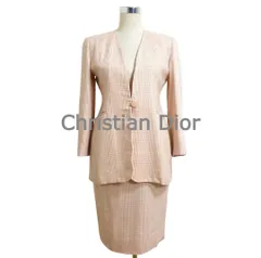 美品 Christian Dior クリスチャンディオール セットアップ スーツ Vネック 1B ノーカラージャケット×膝丈 スカート グレンチェック柄 ウール×シルク ピンク×ベージュ サイズ9 レディース 古着 中古