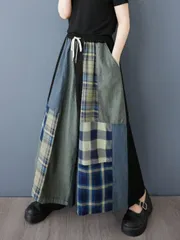 春夏用新作日本風チェックパッチワークジーンズ、カジュアルで多機能な女性用ゆったりウエイドレッグパンツ
