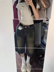 【夏新作】アメリカンストリート ヴィンテージデニムハーフパンツ ワイドシルエット マルチコーデ対応