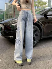 シックな星刺繍付きハイウエストストレートレッグジーンズ - ライトウォッシュデニム、ゆったりフィット、斜めポケット、オールシーズンカ