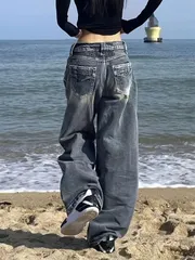 レディース ハイウエスト ヴィンテージ ワイドレッグ ジーンズ - ポケット付き リラックスフィット ディストレスド ドラグパンツ、洗濯機可