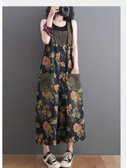 デニムパンツ サロペット レディース オーバーオール ワイドパンツ ガウチョパンツ パンツドレス ジーンズ ゆったり 花柄 プリント カジュ