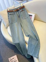 女性用のヴィンテージハイウエストストレートレッグデニムジーンズ、大きなポケット付き - ライトブルーのウォッシュフィニッシュ、伸びな