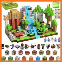 【新品】 マインクラフト風のマグネット式ブロックセット、ランダムパーツ120個、人形5体、ステッカー12枚、収納ボックス付き、DIY組み立ておもちゃ、ワールドおもちゃマグネット式ビルディングブロック、3歳以上のお子様に適しています 1
