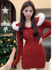 （冬コーデ）ソフィテONE PIECE （レッドケーブル編みリブニットミニONE PIECE フードファー レディースコーデ パーティー衣装 秋0