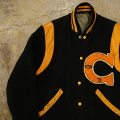 70年代 ヴィンテージ スタジャン アワードジャケット 黒×黄 ウール×レザー
