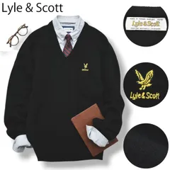 【定番】 スコットランド製 ライルアンドスコット Lyle & Scott 長袖 Vネック ラムウール ニット セーター 40 黒 ロゴ刺繍 トラッド メンズ レディース ユニセックス 男女兼用