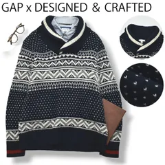 ギャップ GAP x DESIGNED ＆ CRAFTED ショールカラー ノルディック柄 ラグラン ラムズウール ニット セーター XL  紺 x  白 トラッド カジュアル メンズ