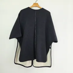 MINE マイン ポンチョ型 1ボタン ハーフスリーブ ウール アウター ネイビー