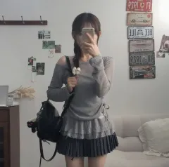 レイヤードセット リボンシャーリングニット＋フリルノースリーブ 新品