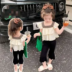 新品 セットアップ  子供服 女の子  上下セット ブラウス パンツ セット フレアスリーブ 女児 小学生 キッズ   ボトムス  可愛い  おしゃれ カジュアル 90cm 100cm 110cm  120cm   130cm  140cm  jinrui16