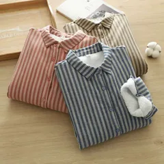 新品 シャツ 厚手 レディース シャツブラウス トップス 秋冬 長袖 春 秋 冬 あったか シャツ 裏起毛 綿 コットン ダブルガーゼ 裏ボア ガーゼシャツ ストライプ柄 アウター 前開き おしゃれ 折り襟 オフィス 可愛い 着回しxzzhang86