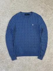 S ポロラルフローレン 新モデル 白ポニー ケーブル編み コットン ケーブル編み ニット ブルー