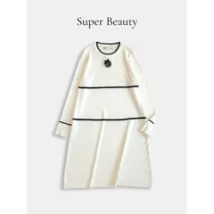 ◇大きいサイズ 42◇ Super Beauty スーパービューティー リブニットワンピース ホワイト パールビジュー  長袖 きれいめ 上品