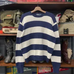 90s ポロラルフローレン マルチ ストライプ レトロ ラウンドネック ニット N344