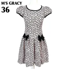 【美品】 M'S GRACY 半袖ワンピース 36 ピンク リボン柄 バルーン裾