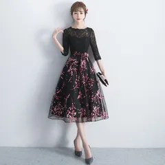 レース切替 花柄チュール ミモレ丈 パーティードレス 上品 エレガント 七分袖 フォーマルワンピース 結婚式・二次会・謝恩会・年会・パーティー対応 ko1