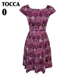 【美品】 TOCCA ウエストリボン半袖ワンピース 0 パープル 花柄刺繍
