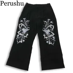 Perushu ペルーシュ 通年 レトロ フラワー プリント★ ストレッチ ワイド パンツ Sz.M　メンズ 黒のサムネイル