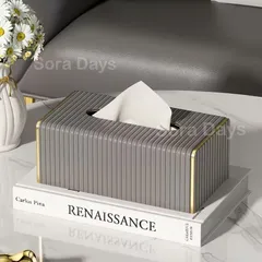 ティッシュボックス フェイクレザー ストライプ地 ゴールドライン 合皮 エレガント シンプル モダン おしゃれ 高級感 インテリア 北欧 長方形 ベージュ グレー ブラック 25×13.5×10cm