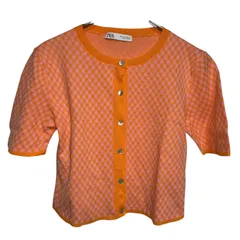 B076 ZARA ザラ ニット カーディガン 半袖 オレンジ シンプル カジュアル レディース M
