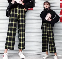 ラスト１点　新品 ウール チェック柄 配色 ストレート イージーパンツ ゴム コットン 男女兼用 黄黒　処分品　即購入OK　【値下げ不可】