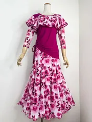 《新品》社交ダンス　ピンク　ソフトメッシュ　ケープフリルデザイン　オーガンジーフリル　斜め切り替えフレアスカート　セットアップドレス　衣装　②