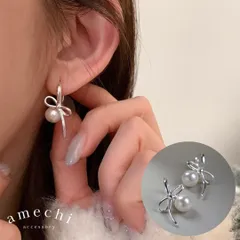 イヤリング 痛くない フープ 揺れる 大ぶり パール 真珠 リボン ノンホールピアス シルバー クリップ シリコンカバー レディース E25-053