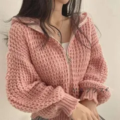トップス カーディガン 未使用 ワッフル パーカー レディース ニット 長袖 秋冬 セーター 無地 ショット丈セーターアウター ゆったり ジッパー暖かいフード付きコート