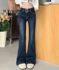 セミフレアデニムパンツ レディース 美脚　ベルト付き デニムスキニー フィット感