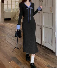 配色リボンニットマーメイドワンピース長袖